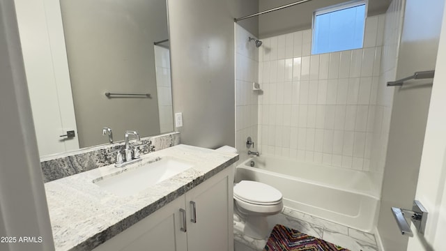 full bathroom with toilet, marble finish floor, bathtub / shower combination, and vanity