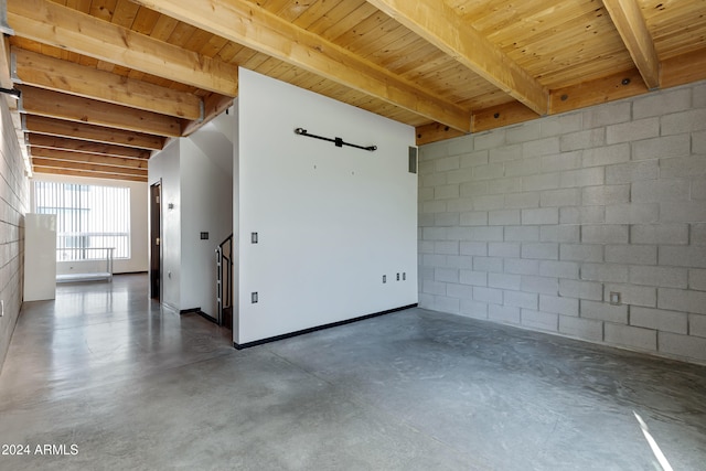 unfurnished room featuring wooden ceiling and beam ceiling