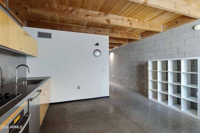 kitchen with stainless steel appliances, wood ceiling, sink, and beam ceiling