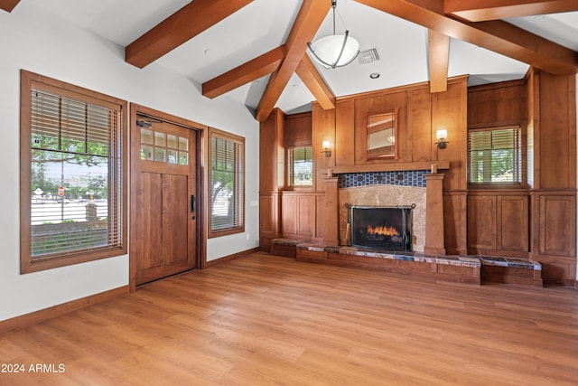 unfurnished living room featuring lofted ceiling with beams, light hardwood / wood-style floors, and wood walls