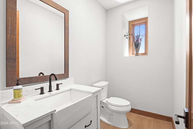 bathroom with vanity, wood-type flooring, and toilet