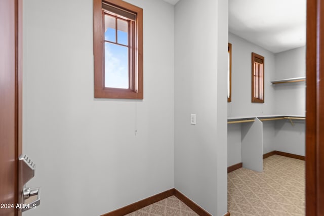 walk in closet with light colored carpet