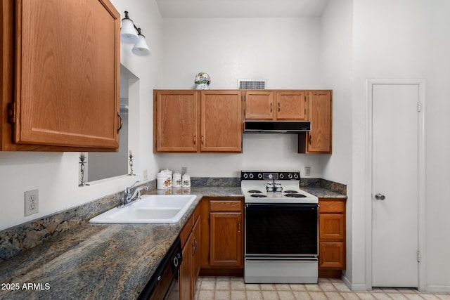 kitchen with visible vents, a sink, dark stone countertops, range with electric cooktop, and under cabinet range hood