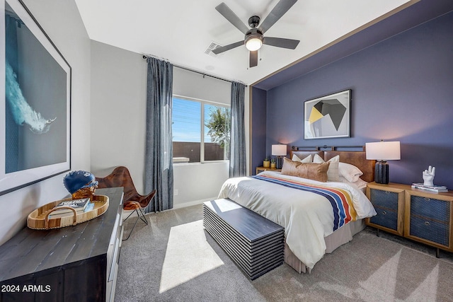 carpeted bedroom with ceiling fan