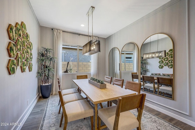 dining room featuring ornamental molding and dark wood-type flooring