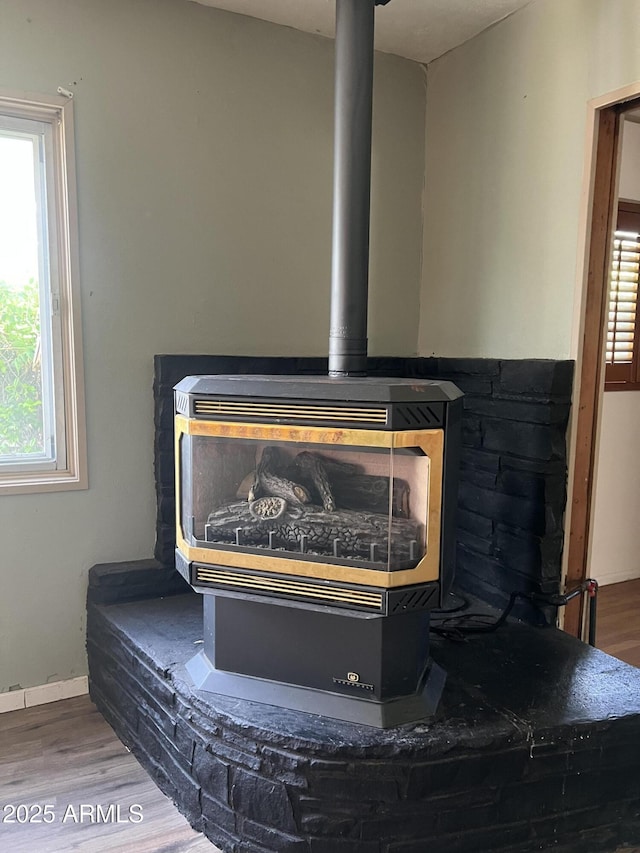 room details with baseboards, a wood stove, and wood finished floors