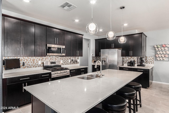 kitchen with stainless steel appliances, a center island with sink, hanging light fixtures, and sink