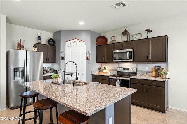 kitchen with an island with sink, stainless steel appliances, sink, and dark brown cabinetry