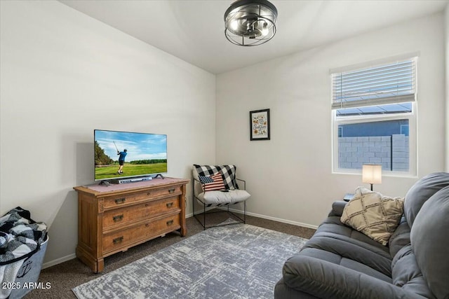 living area featuring dark colored carpet