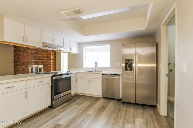 9622 N 35th Ln, Phoenix, AZ 85051 - kitchen featuring stainless steel appliances, under cabinet range hood, white cabinets, and light countertops