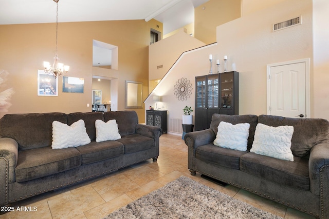 living room featuring tile patterned flooring, beam ceiling, a chandelier, and high vaulted ceiling