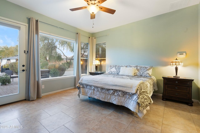 bedroom with access to exterior and ceiling fan