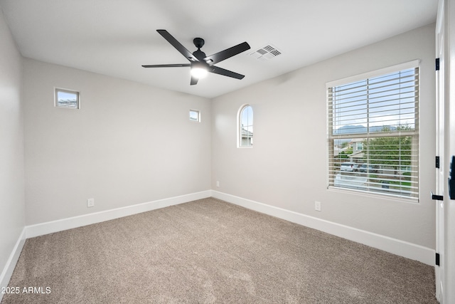 carpeted empty room with plenty of natural light, visible vents, and baseboards