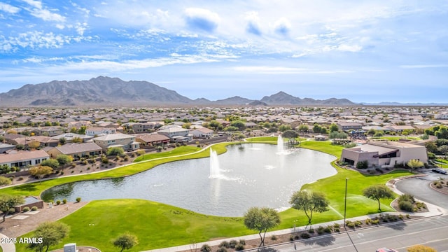 bird's eye view featuring a water and mountain view and a residential view