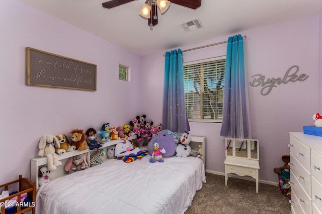 carpeted bedroom featuring ceiling fan