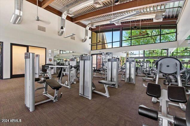 exercise room featuring dark carpet and a towering ceiling