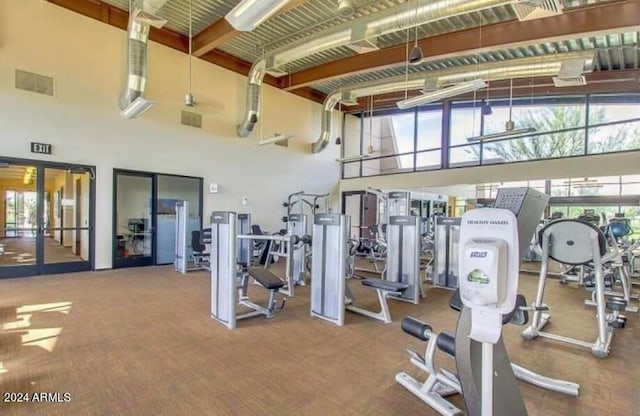 workout area featuring carpet floors, a high ceiling, and a wealth of natural light