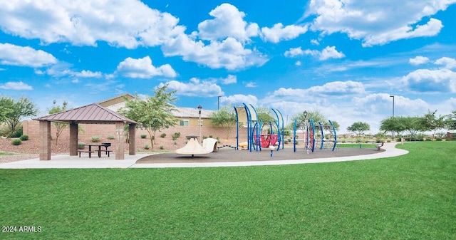 view of jungle gym featuring a gazebo and a yard