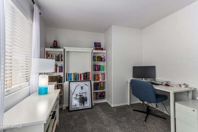 home office featuring dark carpet