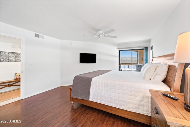 bedroom with a ceiling fan, visible vents, wood finished floors, baseboards, and access to outside