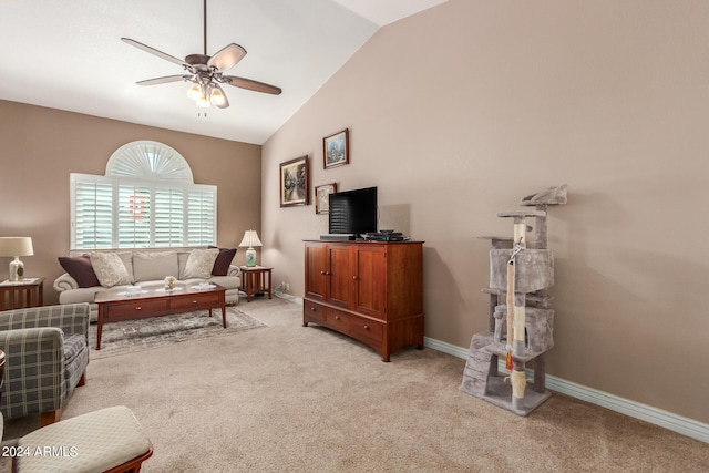 carpeted living room featuring lofted ceiling and ceiling fan