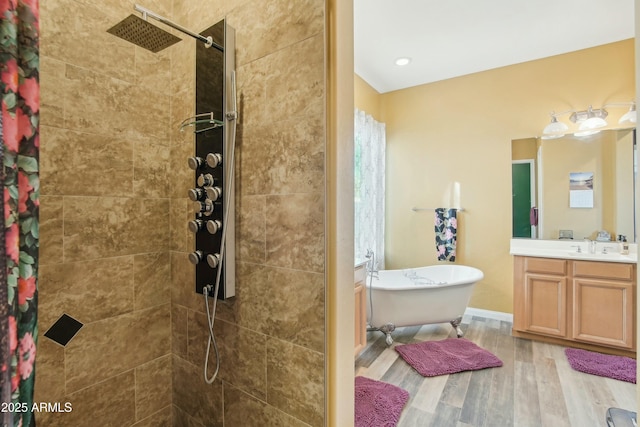 bathroom with plus walk in shower, hardwood / wood-style floors, and vanity