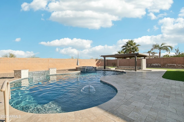 view of pool with a gazebo, pool water feature, an in ground hot tub, and a patio