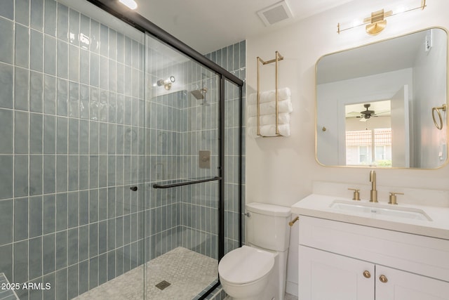 5132 N 83rd St, Scottsdale, AZ 85250 - bathroom featuring toilet, vanity, a stall shower, and ceiling fan