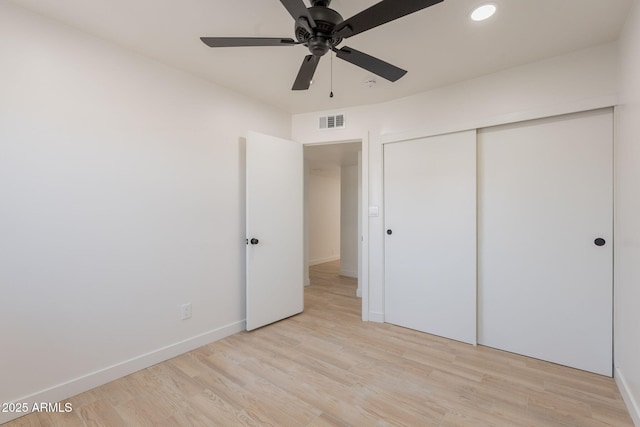 5132 N 83rd St, Scottsdale, AZ 85250 - unfurnished bedroom with light wood-type flooring, baseboards, a closet, recessed lighting, and a ceiling fan