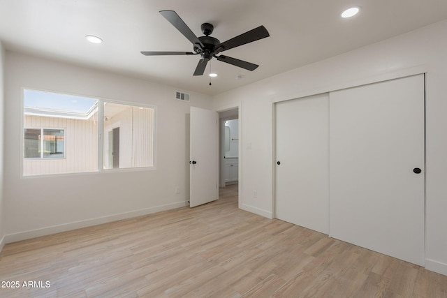 5132 N 83rd St, Scottsdale, AZ 85250 - unfurnished bedroom with light wood-style floors, recessed lighting, a closet, baseboards, and a ceiling fan