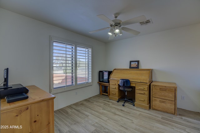 office space featuring light hardwood / wood-style floors and ceiling fan