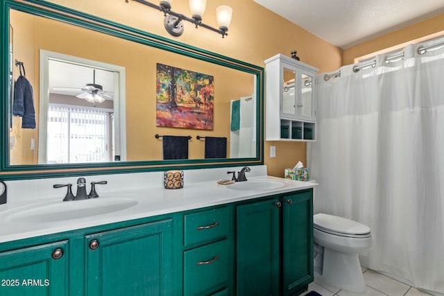 bathroom featuring double vanity, a sink, toilet, and tile patterned floors