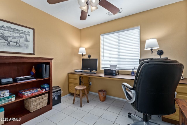 office area with baseboards, visible vents, a ceiling fan, and light tile patterned flooring