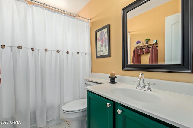 bathroom featuring toilet, tile patterned floors, a shower with shower curtain, and vanity