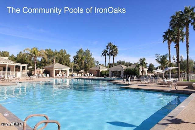 view of pool featuring a gazebo and a patio area