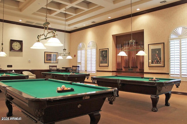 recreation room featuring plenty of natural light, ornamental molding, and coffered ceiling