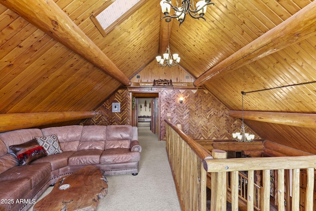 unfurnished living room featuring wood ceiling, lofted ceiling with skylight, carpet, and a notable chandelier