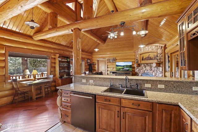 kitchen with decorative light fixtures, sink, stainless steel dishwasher, wood ceiling, and light stone counters