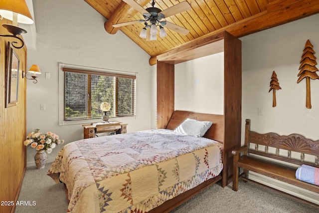 bedroom featuring vaulted ceiling with beams, wood ceiling, and light colored carpet