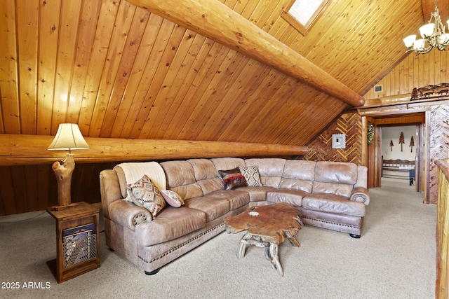 carpeted living room featuring a notable chandelier, wooden walls, wooden ceiling, and vaulted ceiling with skylight