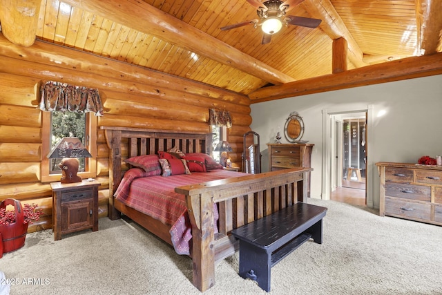 carpeted bedroom with lofted ceiling with beams and wooden ceiling