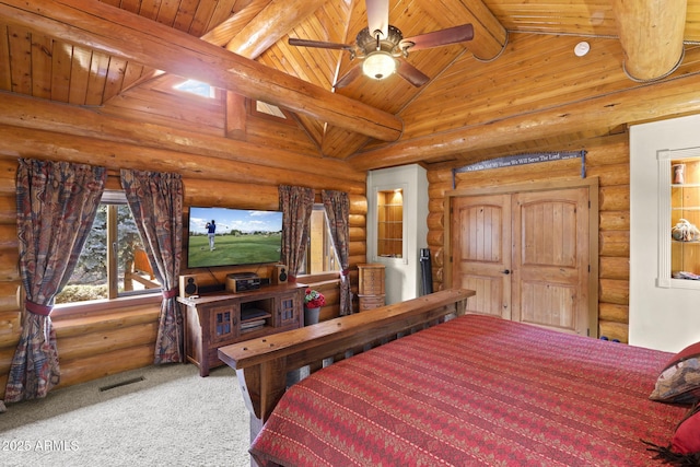 carpeted bedroom with wood ceiling, beam ceiling, and high vaulted ceiling