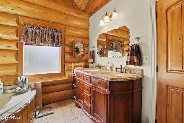 bathroom featuring vanity, rustic walls, and tile patterned floors