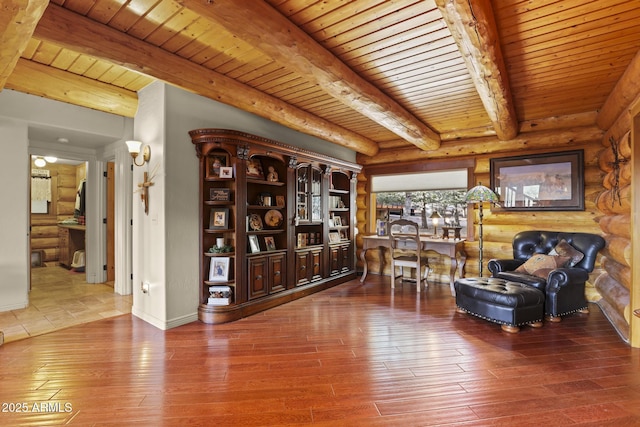 living area with beam ceiling, wood ceiling, and wood-type flooring