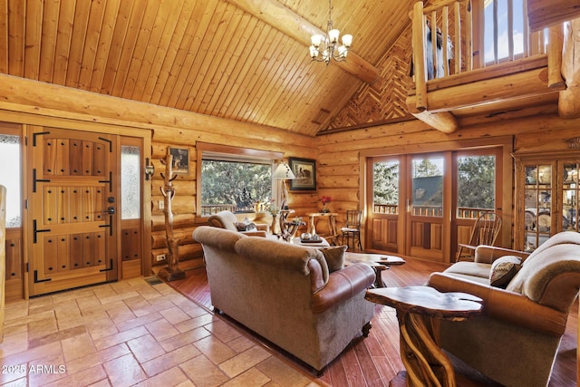 living room featuring beam ceiling, a notable chandelier, high vaulted ceiling, and wood ceiling