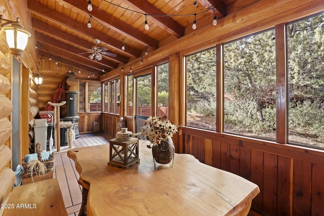 sunroom featuring wood ceiling, ceiling fan, and lofted ceiling with beams