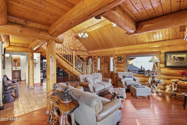 living room with hardwood / wood-style flooring, vaulted ceiling with beams, wood ceiling, and an inviting chandelier