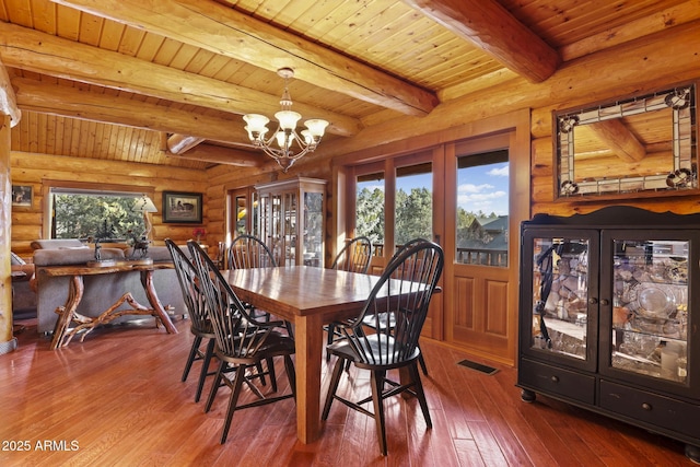 dining area featuring an inviting chandelier, a healthy amount of sunlight, wood-type flooring, and wooden ceiling