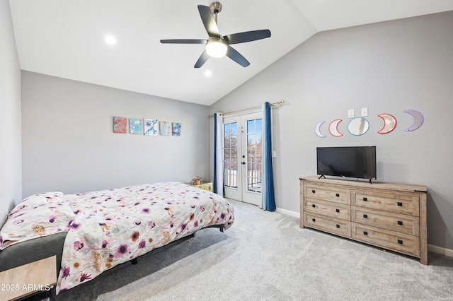 bedroom featuring lofted ceiling, access to outside, light colored carpet, ceiling fan, and french doors