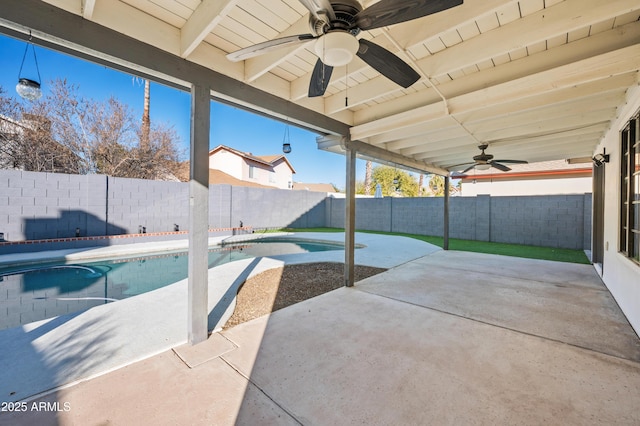 view of pool featuring ceiling fan and a patio area